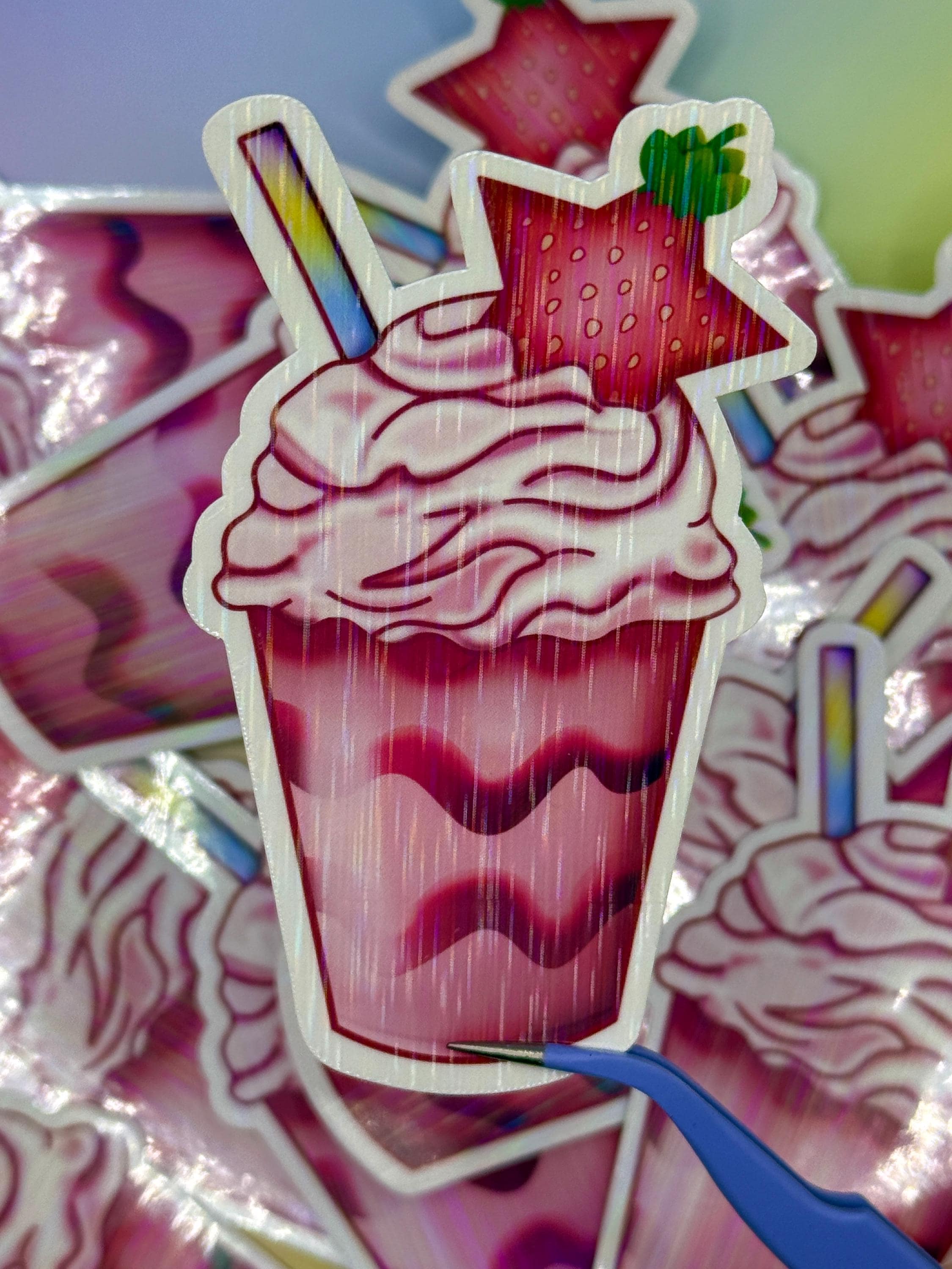 Starberry Milkshake - striped holographic vinyl sticker